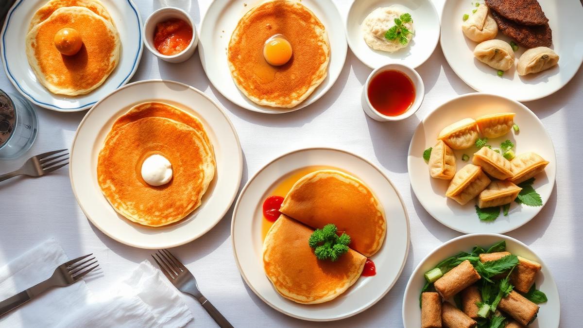 Brunch table with pancakes and small plates