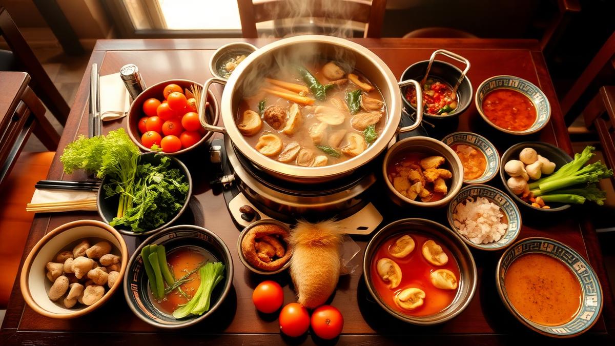 Hot pot spread with vegetables and sauces