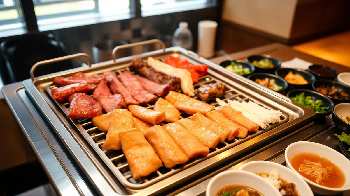 Korean BBQ grill with meats and banchan