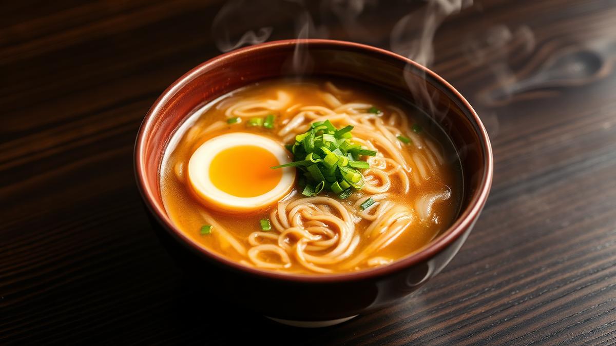 Steaming bowl of ramen with egg and scallions