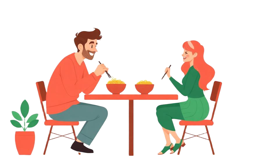 Illustration of two people eating noodles across a table