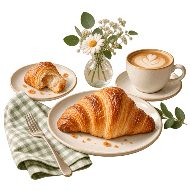 A café table set with croissants, coffee, flowers and a checked napkin