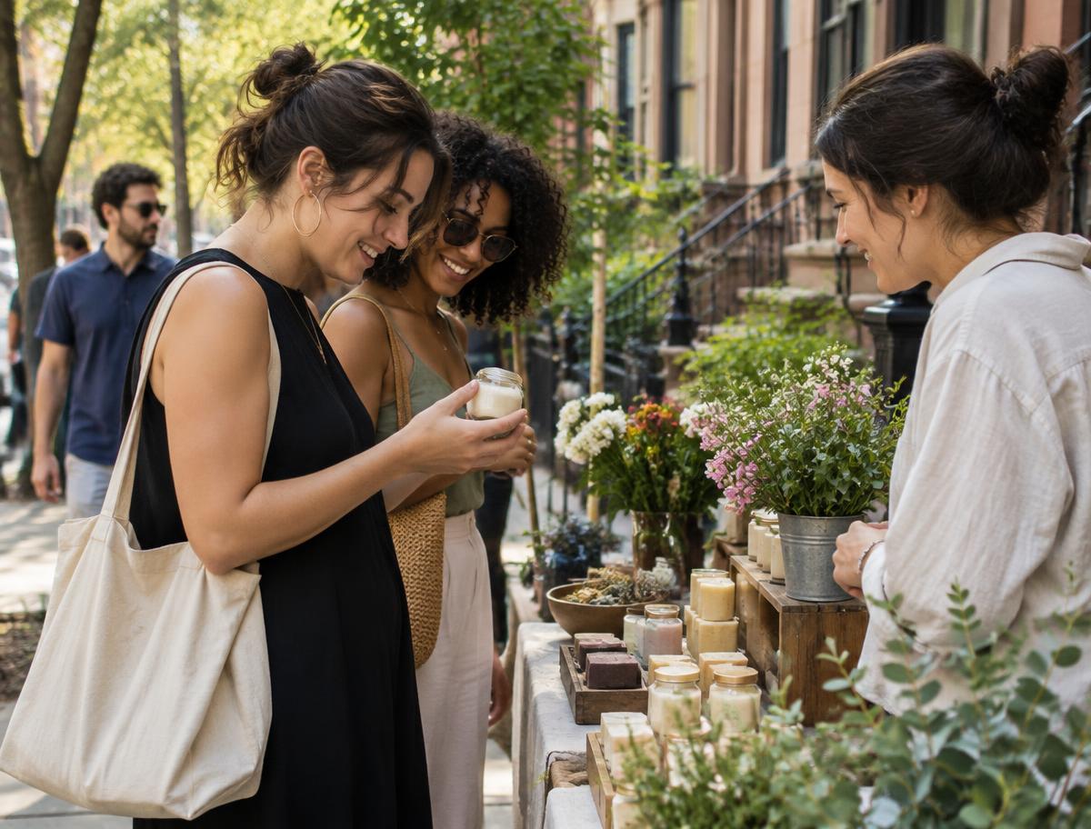 People browsing a small local pop-up table on a sunny New York sidewalk