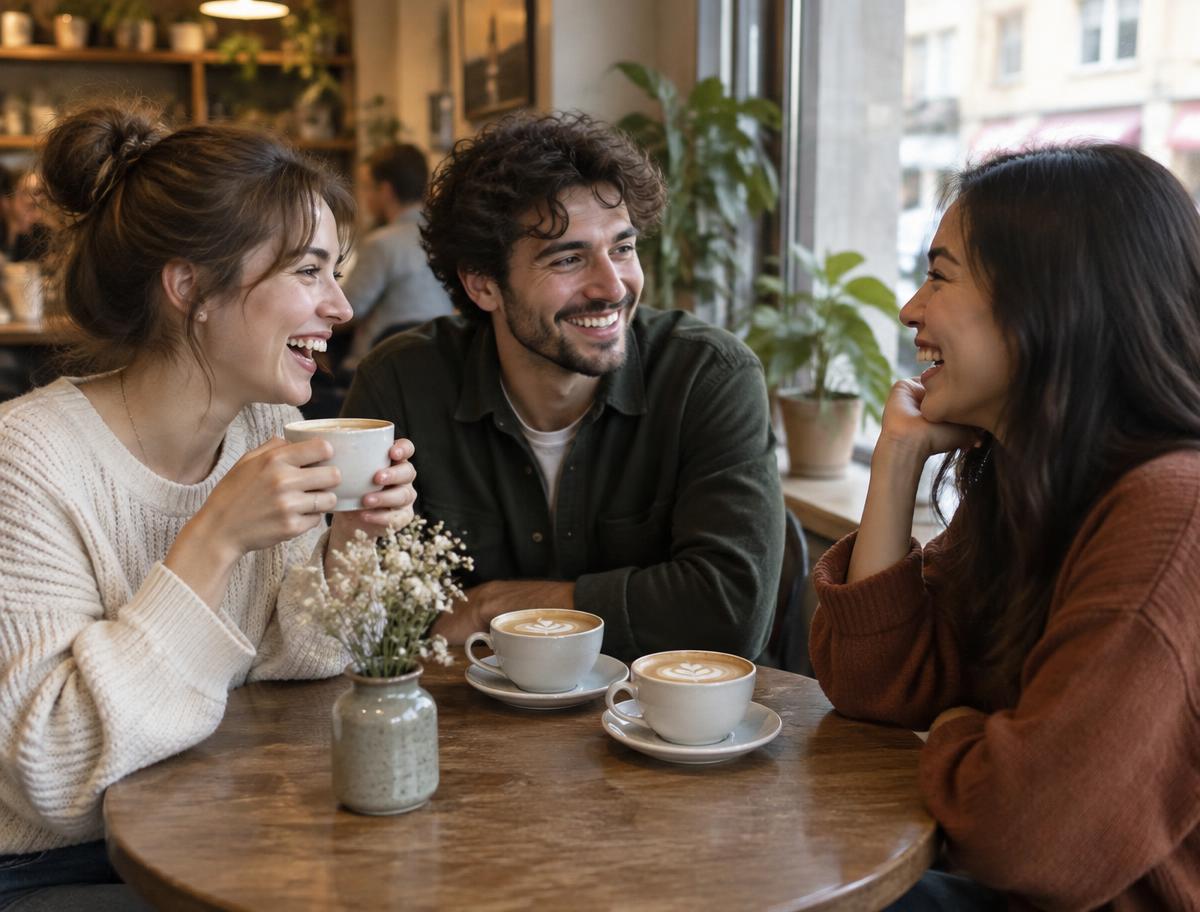 Three people laughing over lattes at a small café table