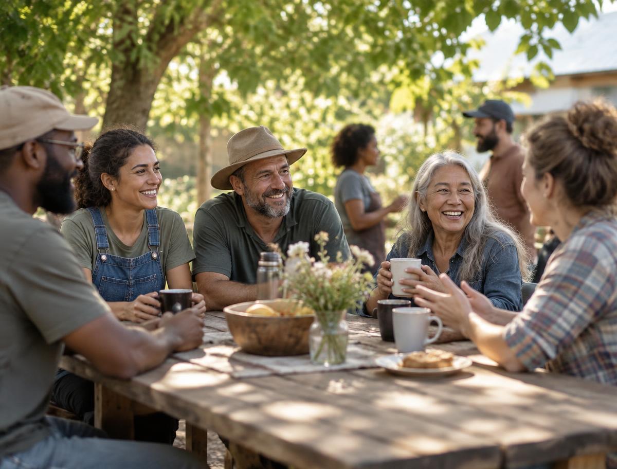 Community volunteers chatting around an outdoor table under trees