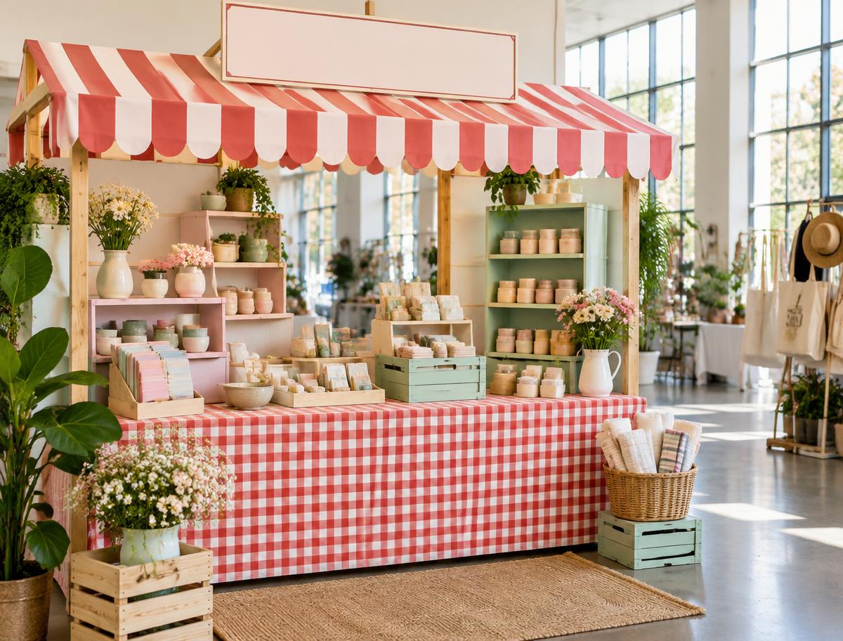 A colorful unbranded pop-up market stand in a bright indoor space