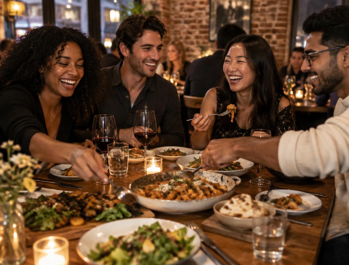 Friends sharing dishes and laughing together at a cozy restaurant table