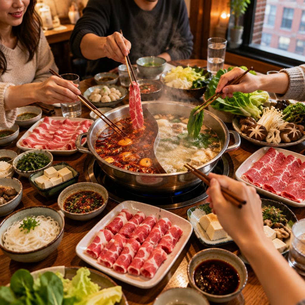 Friends sharing a bubbling hotpot with plates of meat, vegetables and sauces