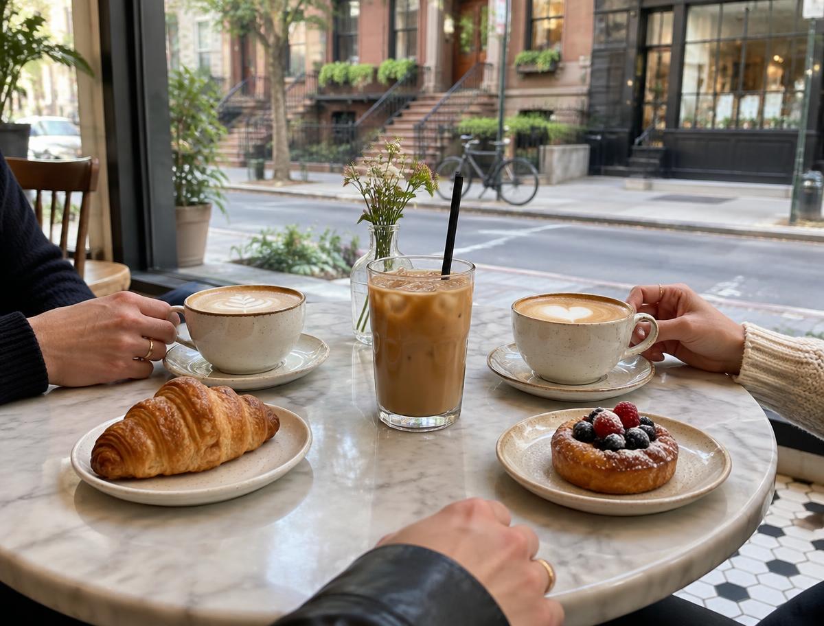 Illustrative café scene with three coffees and pastries beside a neighborhood window