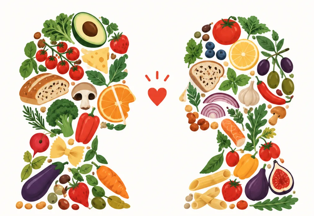 Two colorful profiles built from foods face each other with a small heart between them.