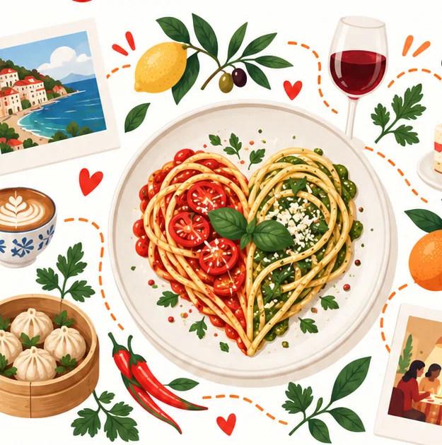 Heart-shaped pasta connects food memories including travel, celebrations, family traditions, and shared meals.